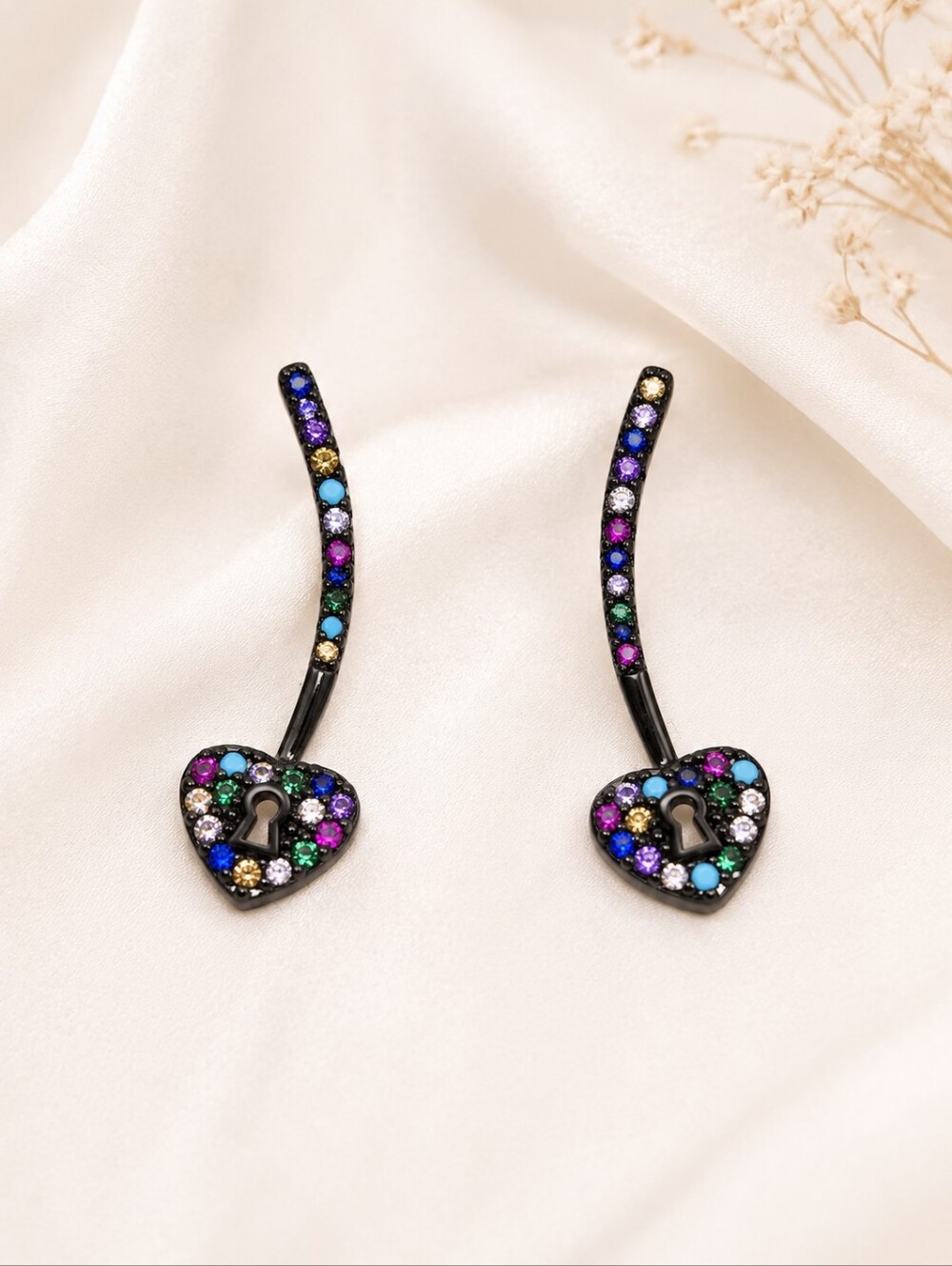 Gunmetal NWT Multicolor CZ Heart Keyhole Ear Crawler Earrings
